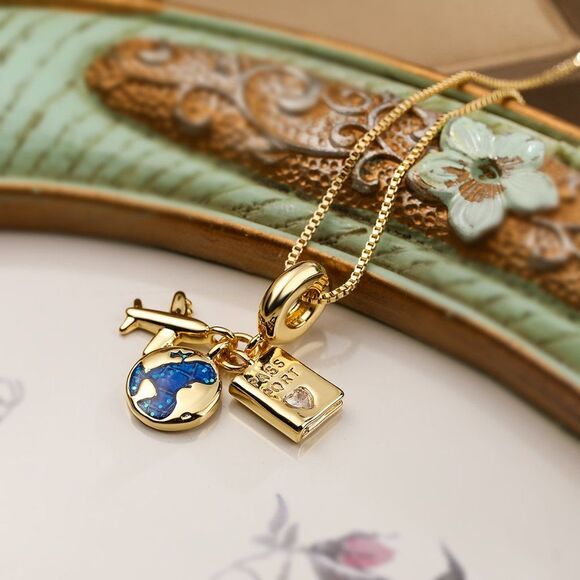 Blue Planet Earth Globe Jet Airplane Plane Charm Bracelet Necklace Gift for Her - Picture 1 of 9